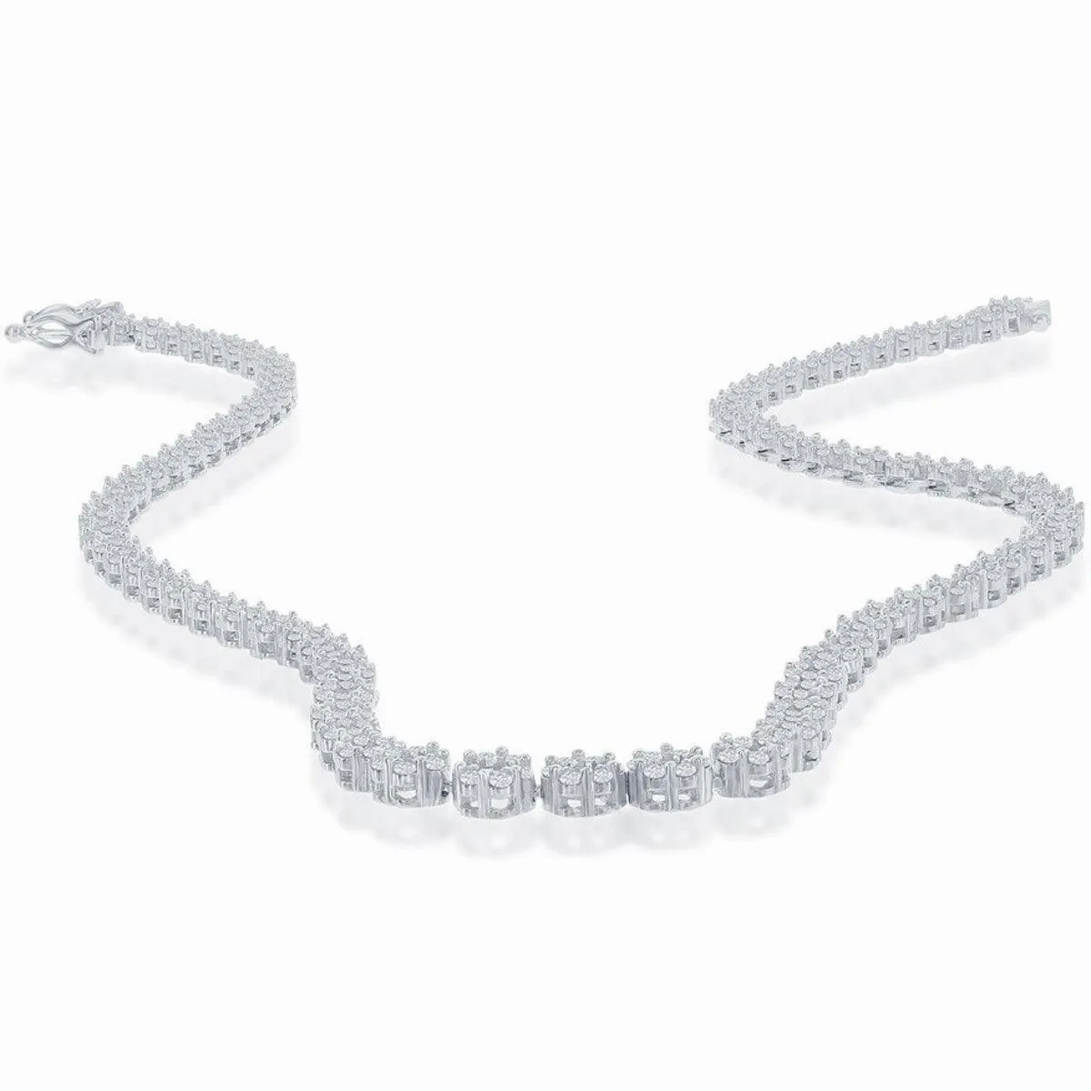 Classic Women's Necklace - Sterling Silver 4mm Graduating Flower CZ Tennis | M-6792