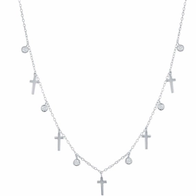 Classic Women's Necklace - Sterling Silver Alternating Cross and Bezel-Set CZ | M-6802 suit-set  