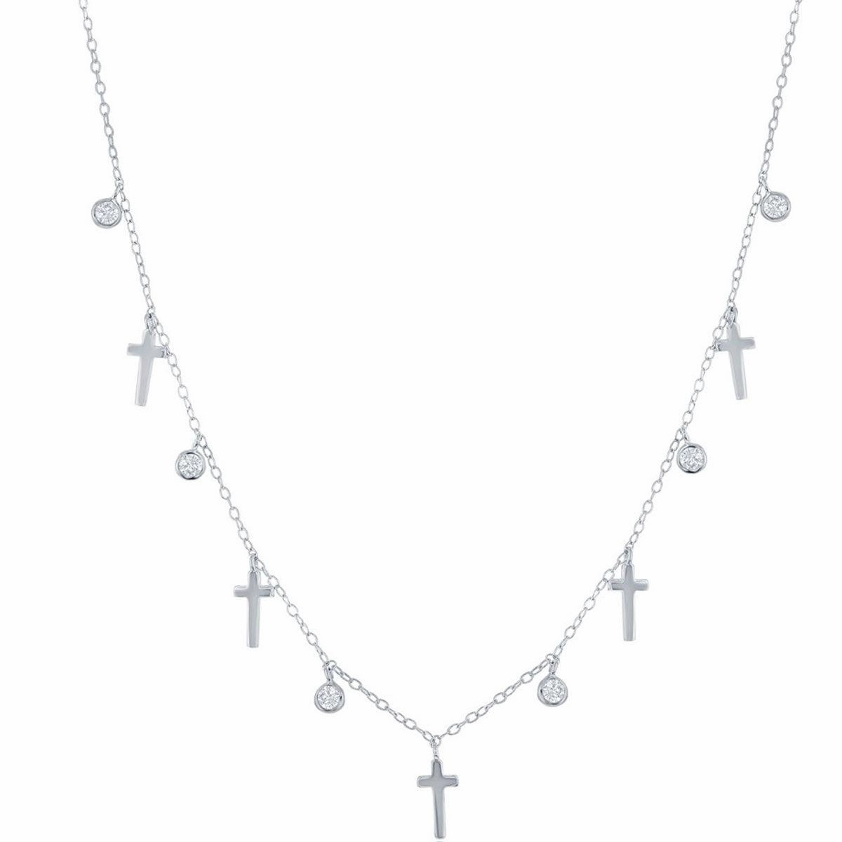 Classic Women's Necklace - Sterling Silver Alternating Cross and Bezel-Set CZ | M-6802 suit-set  