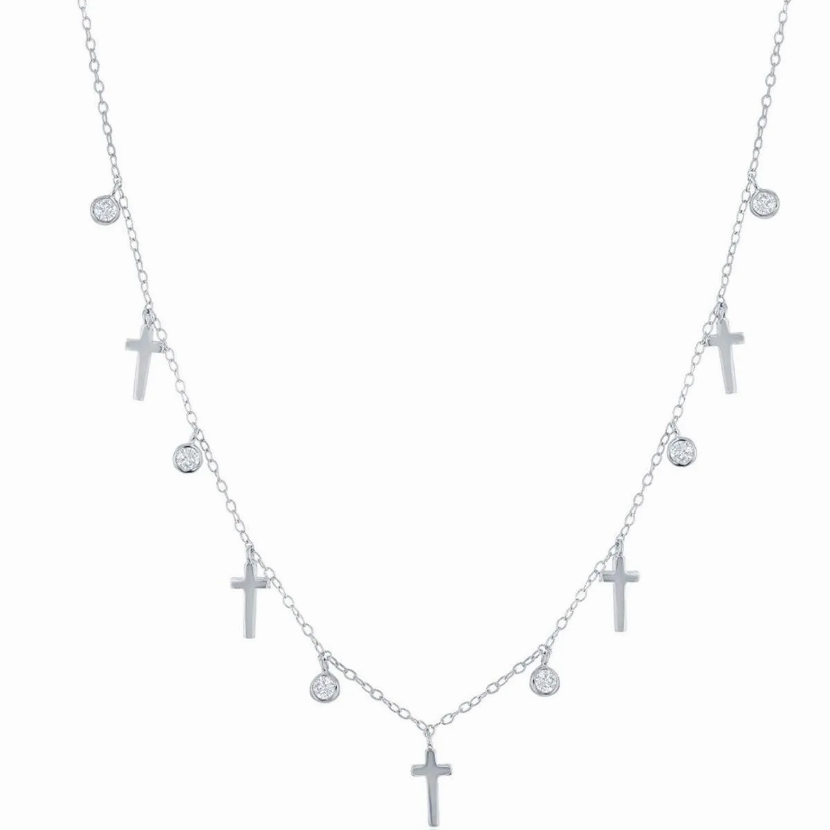 Classic Women's Necklace - Sterling Silver Alternating Cross and Bezel-Set CZ | M-6802