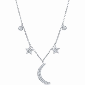Classic Women's Necklace - Sterling Silver Moon and Stars CZ Bezel-Set | M-6604 suit-set  