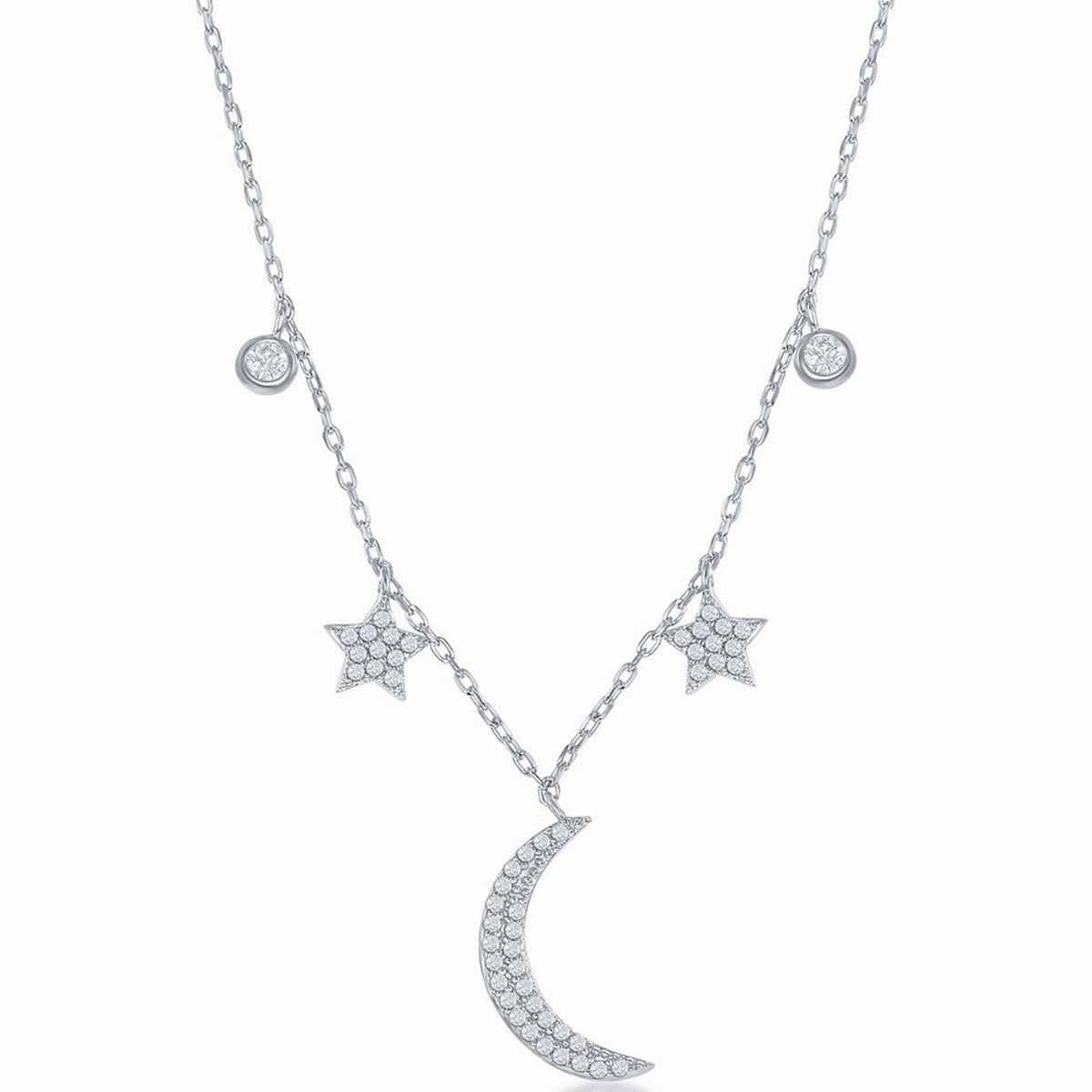 Classic Women's Necklace - Sterling Silver Moon and Stars CZ Bezel-Set | M-6604 suit-set  
