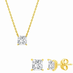 Classic Women's Necklace and Earrings Set - Gold Plated Princess Cut CZ | SET-611 suit-set  