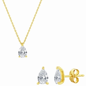 Classic Women's Necklace and Earrings Set - Gold Solitaire Pearshape CZ | SET-614 suit-set  