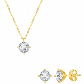 Classic Women's Necklace and Earrings Set - Gold Solitaire Round White CZ | SET-620 suit-set  