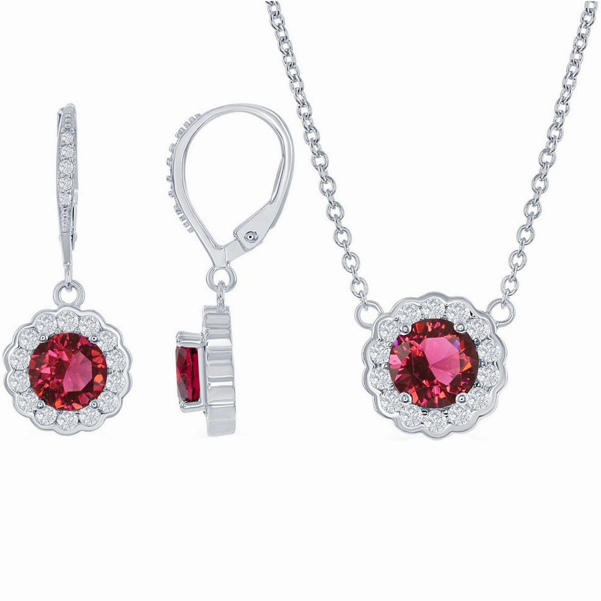 Classic Women's Necklace and Earrings Set - July Birthstone with CZ Border | HS-5221 suit-set  