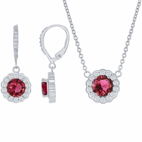 Classic Women's Necklace and Earrings Set - July Birthstone with CZ Border | HS-5221 suit-set  