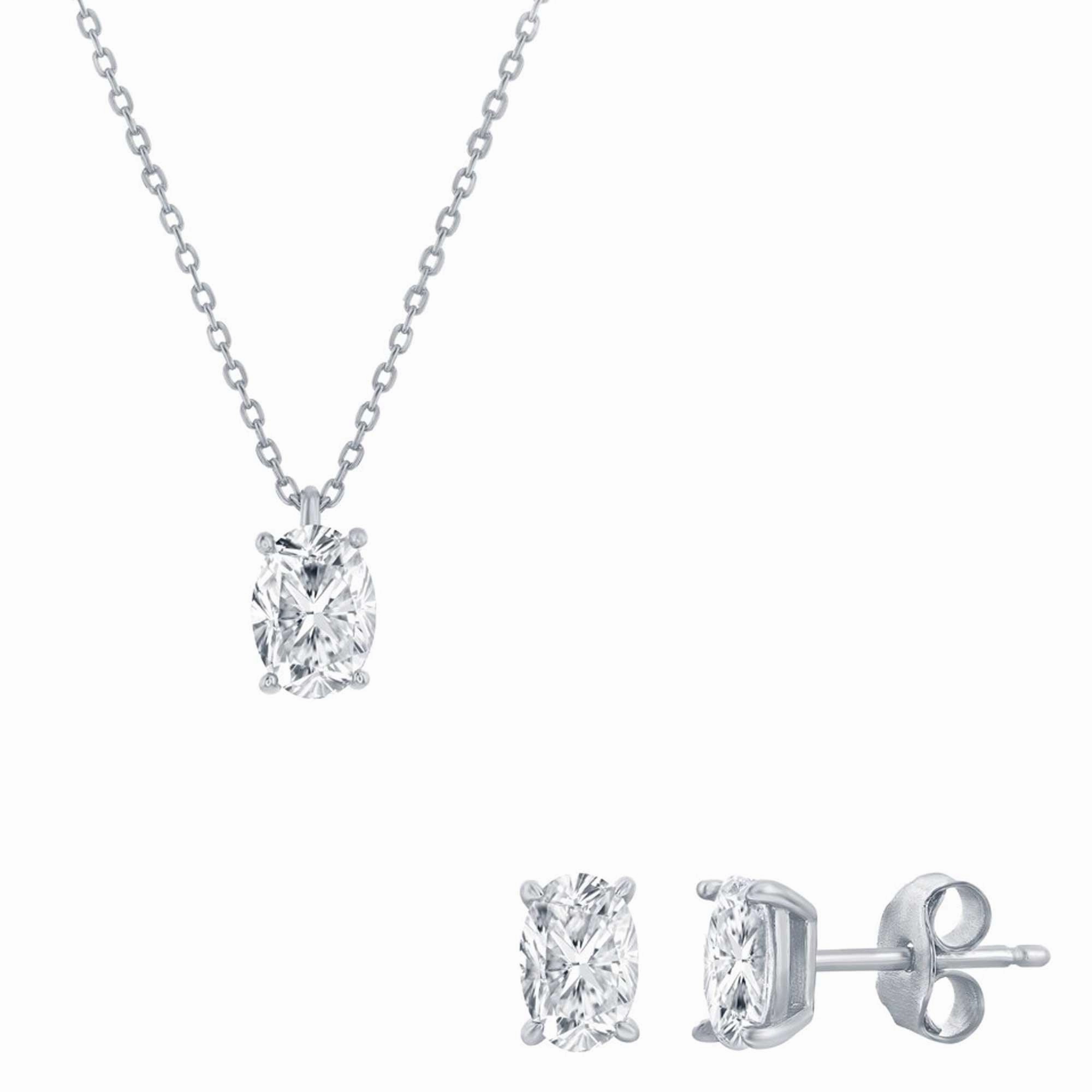 Classic Women's Necklace and Earrings Set - Silver Solitaire Oval White CZ | SET-618 suit-set  