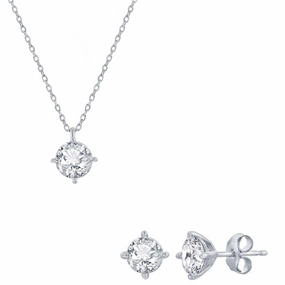 Classic Women's Necklace and Earrings Set - Silver Solitaire Round White CZ | SET-619 suit-set  
