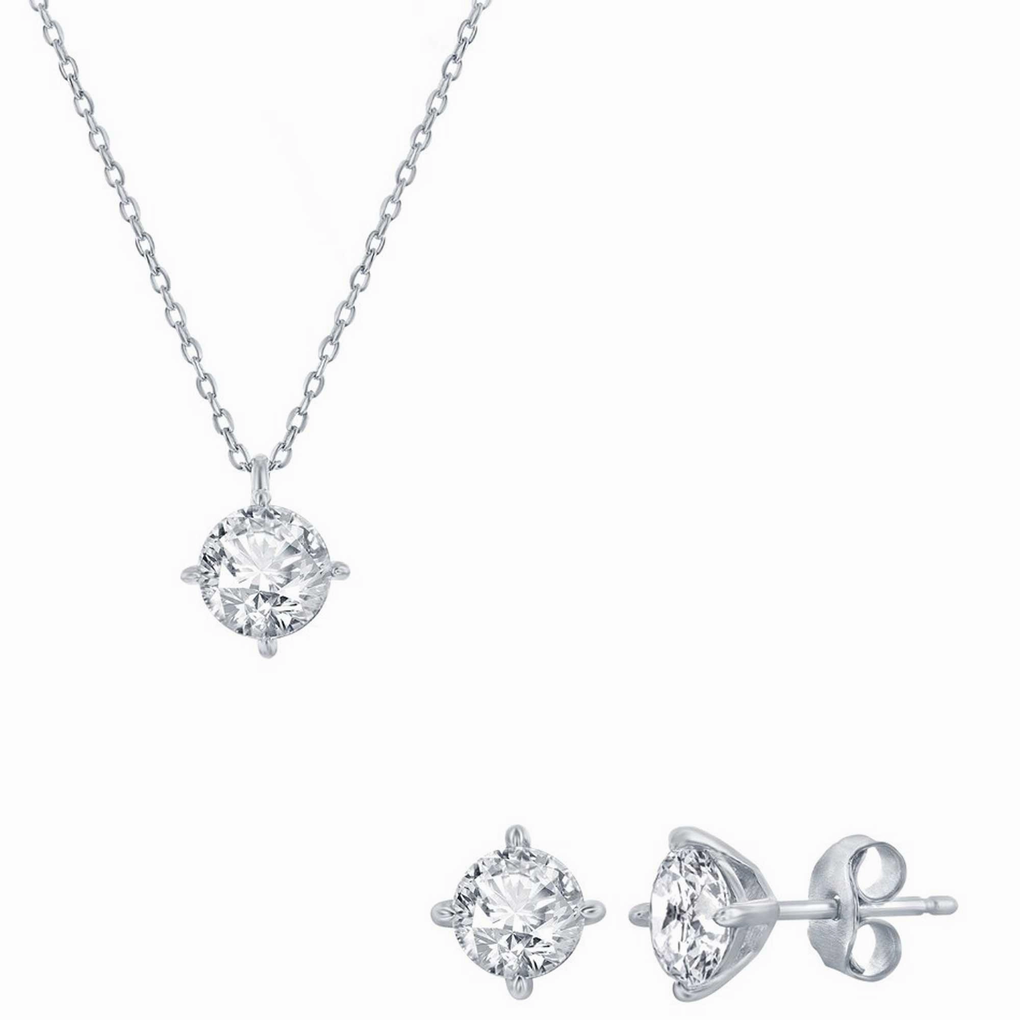 Classic Women's Necklace and Earrings Set - Silver Solitaire Round White CZ | SET-619 suit-set  