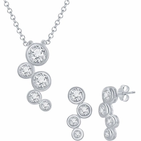 Classic Women's Necklace and Earrings Set - White CZ Stone Bubble Silver | HS-4092 suit-set  