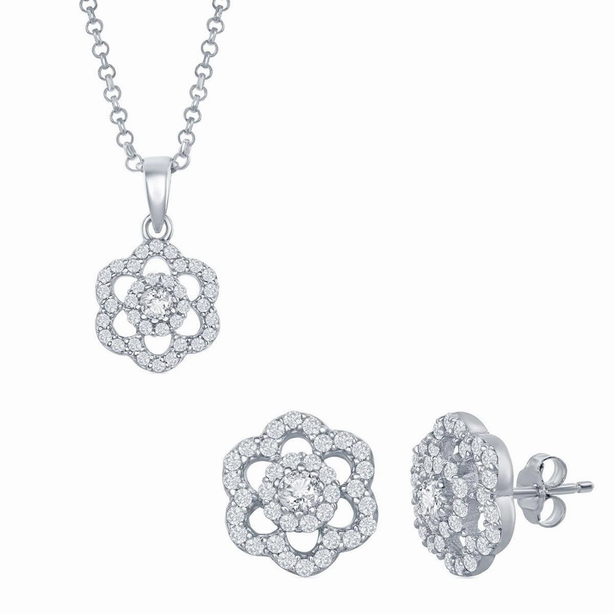 Classic Women's Pendant and Earrings Set - Sterling CZ Flower with Chain | SET-423 suit-set  