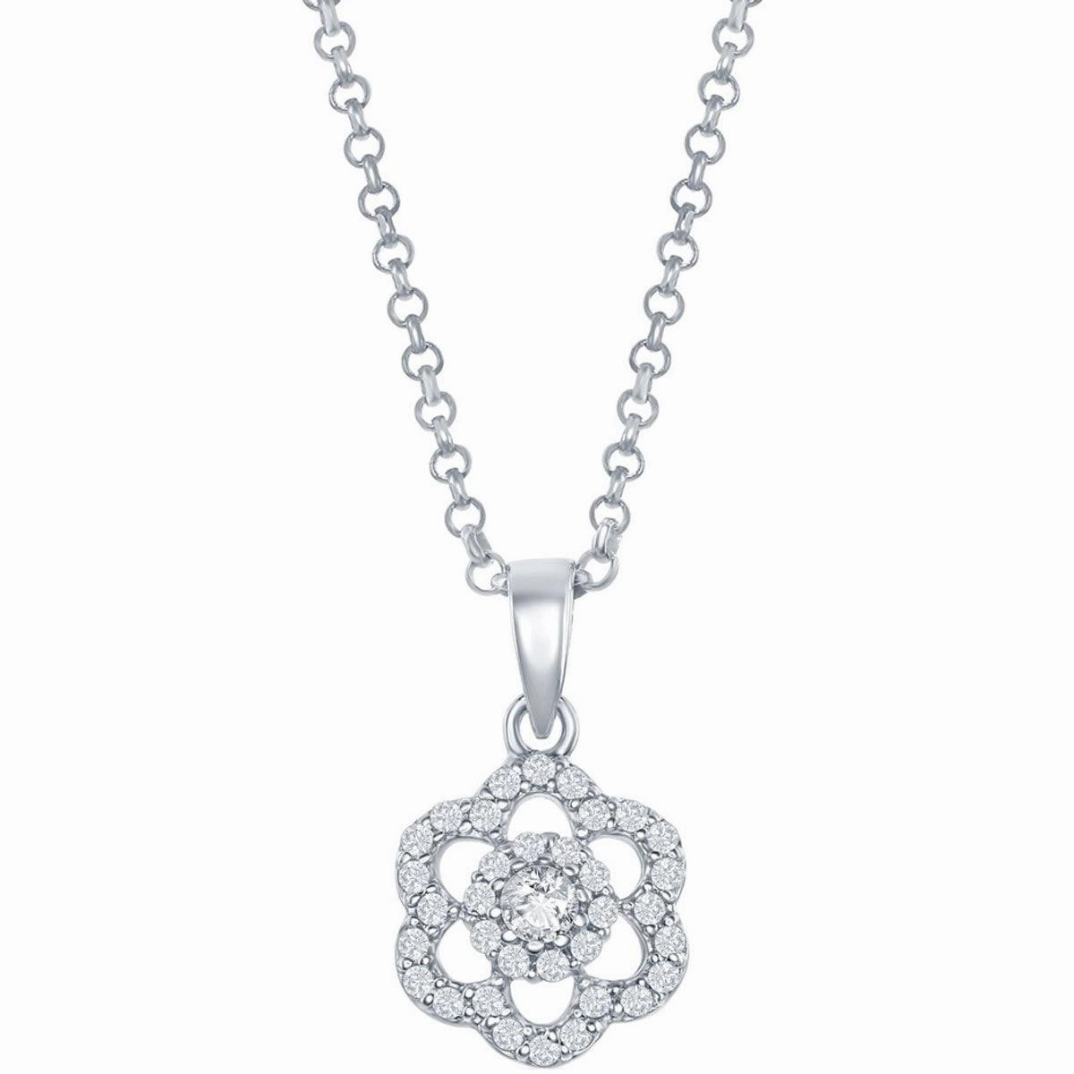 Classic Women's Pendant and Earrings Set - Sterling CZ Flower with Chain | SET-423