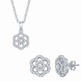 Classic Women's Pendant and Earrings Set - Sterling CZ Flower with Chain | SET-423 suit-set  