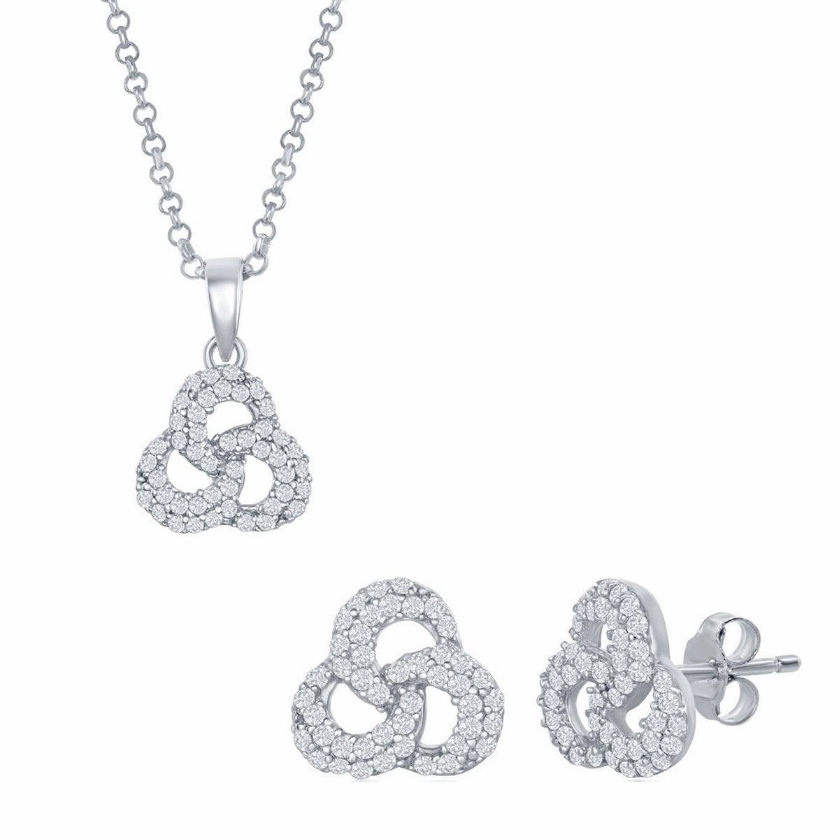 Classic Women's Pendant and Earrings Set - Sterling Silver CZ Triple Ring | SET-421 suit-set  