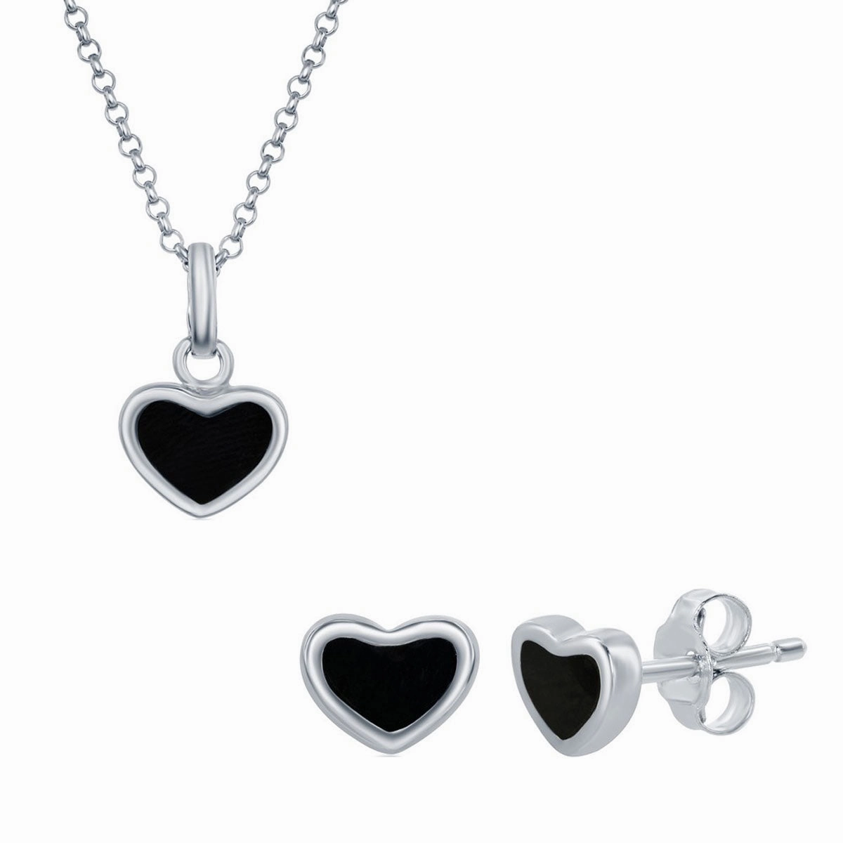 Classic Women's Pendant and Earrings Set - Sterling Silver Onyx Heart | SET-399 suit-set  
