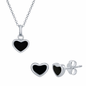 Classic Women's Pendant and Earrings Set - Sterling Silver Onyx Heart | SET-399 suit-set  