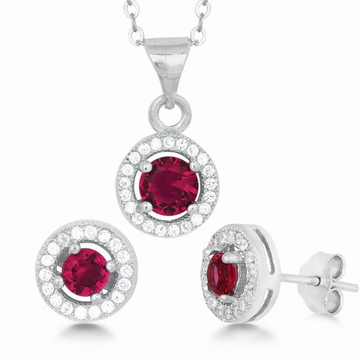 Classic Women's Pendant and Earrings Set - Sterling Silver Red CZ with Chain | SET-429 suit-set  