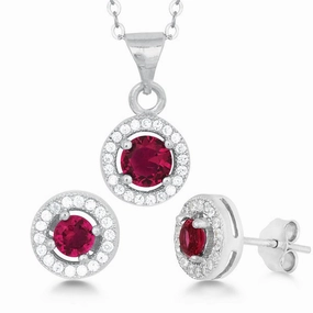 Classic Women's Pendant and Earrings Set - Sterling Silver Red CZ with Chain | SET-429 suit-set  