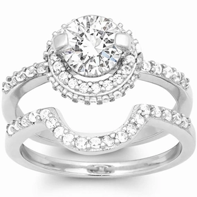 Classic Women's Silver Halo Style CZ Ring Set - W-9899 suit-set  