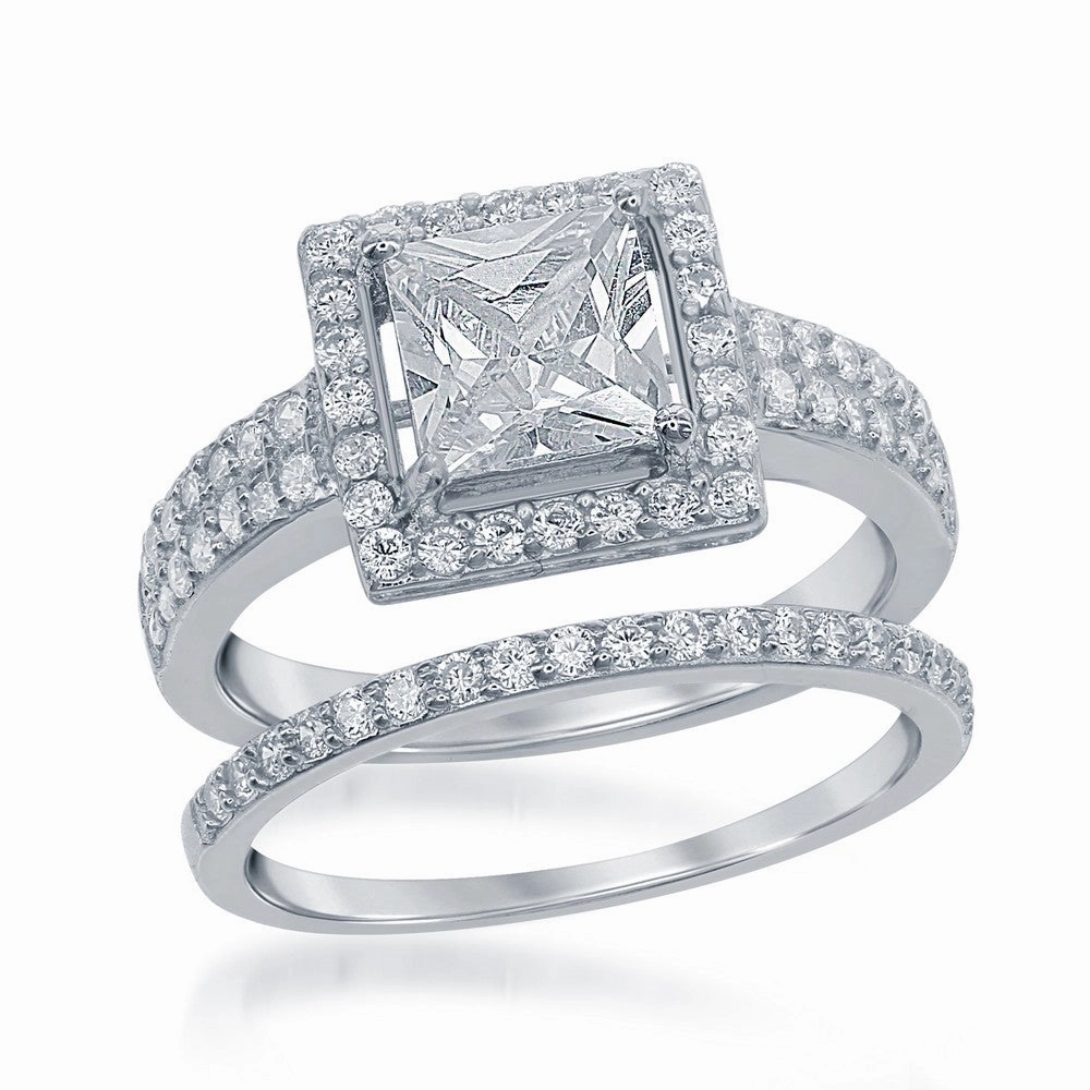 Classic Women's Square CZ Engagement Ring Set - W-1370