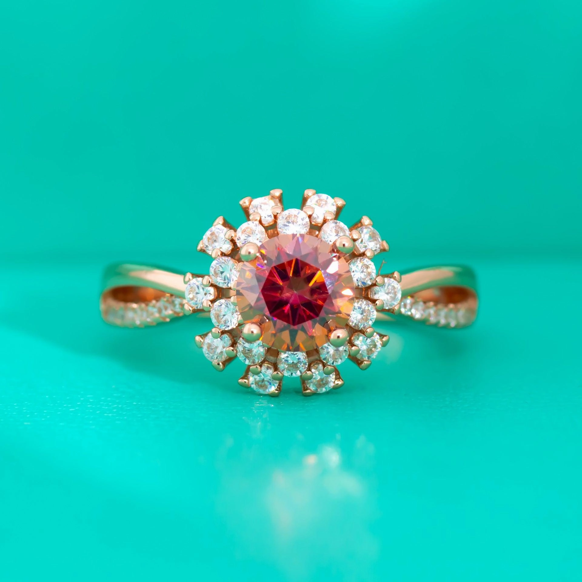 Colorful Red Moissanite Flower Ring For Women