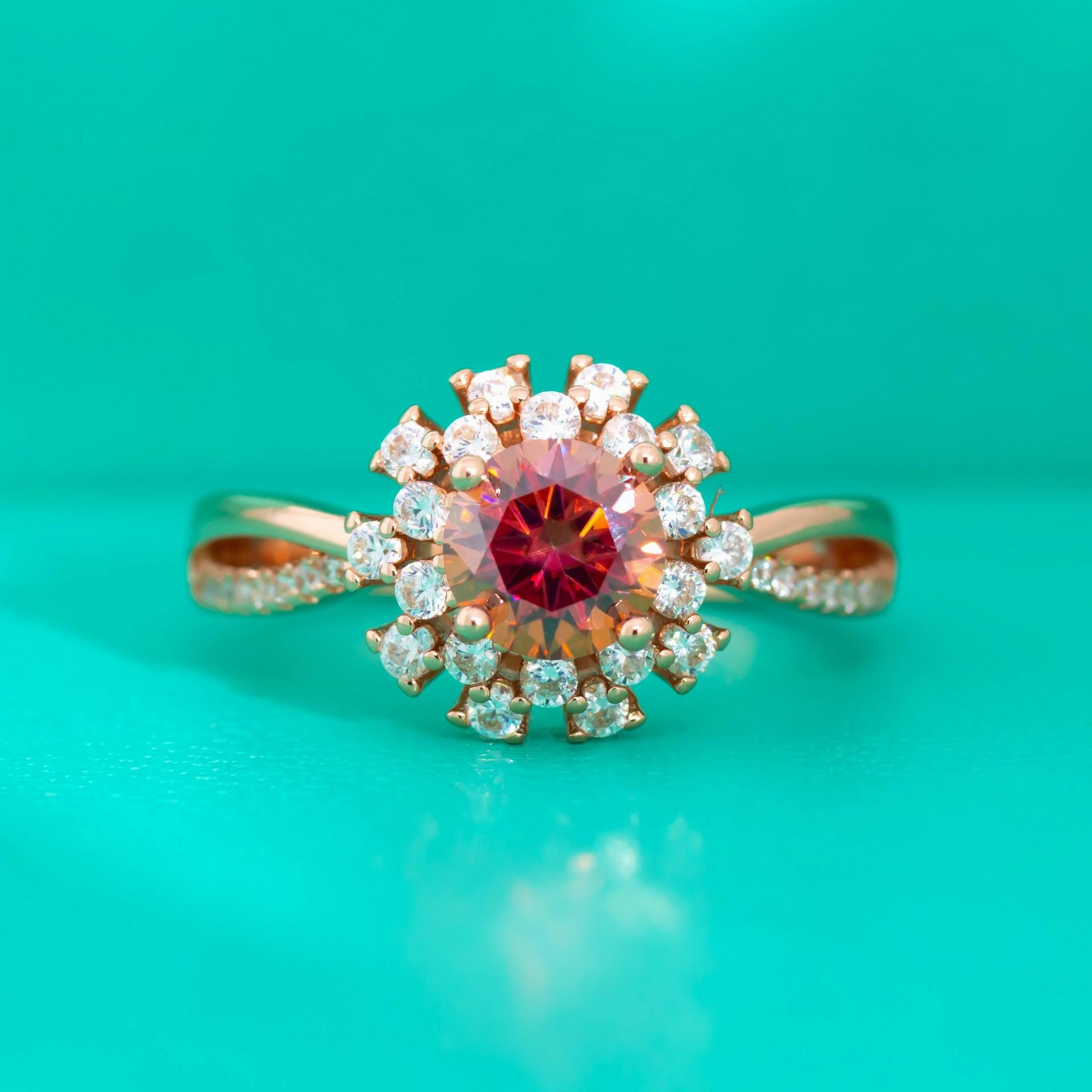 Colorful Red Moissanite Flower Ring For Women