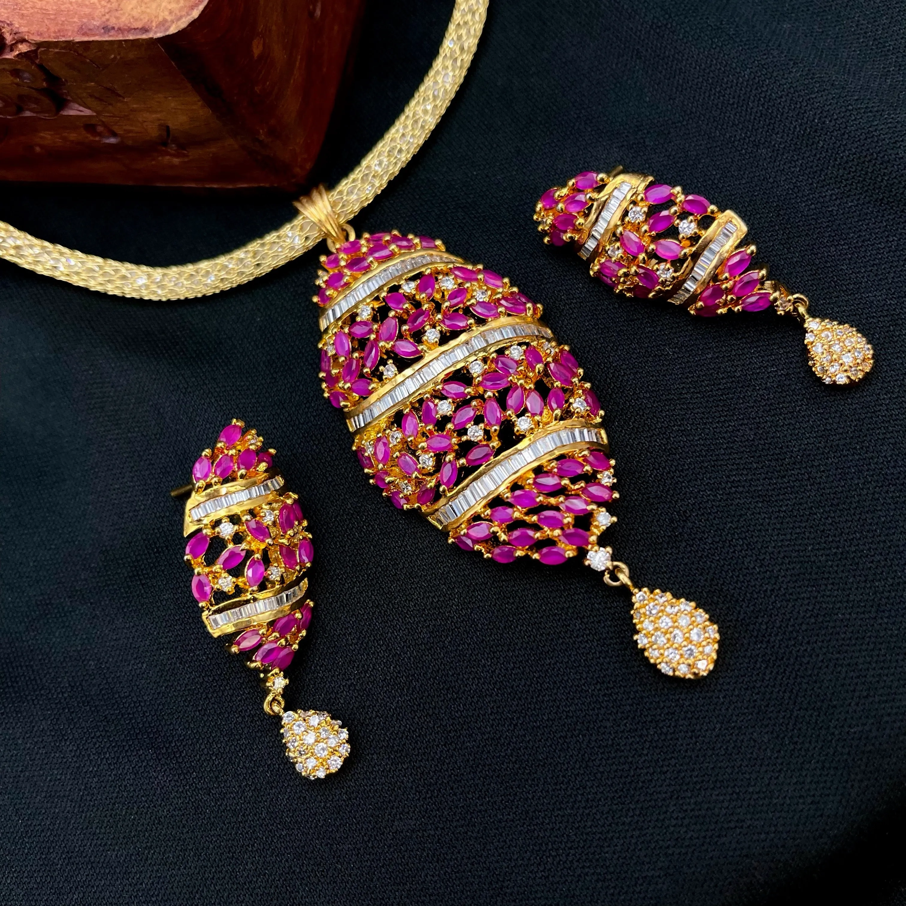 Contemporary Ruby Red &amp; White AD Zircon CZ Pendant Set