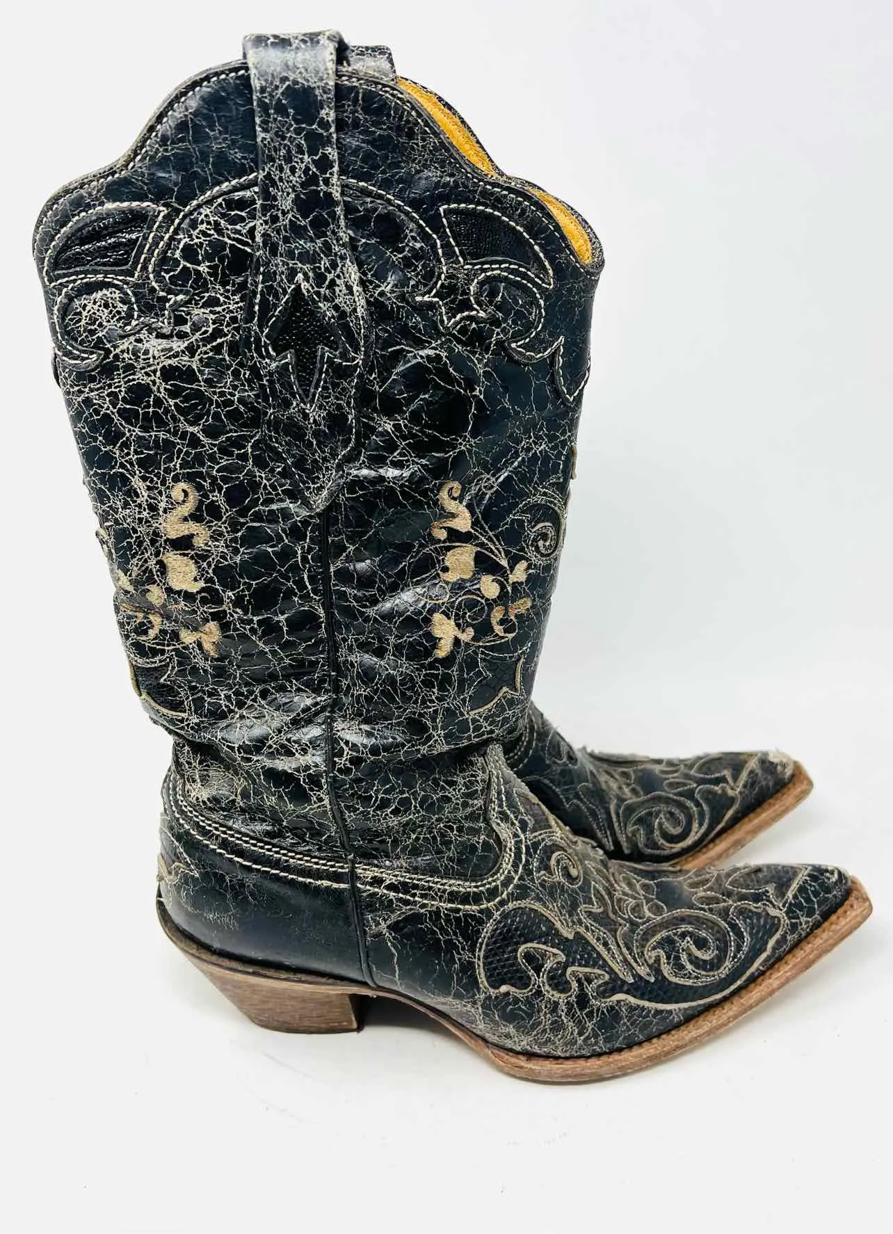 Corral Größe 7,5 Schwarz/Creme Craquelé-Leder MIT SCHUHKARTON!!! Schuhe Stiefel