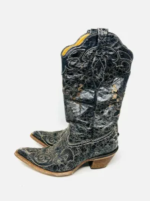 Corral Größe 7,5 Schwarz/Creme Craquelé-Leder MIT SCHUHKARTON!!! Schuhe Stiefel