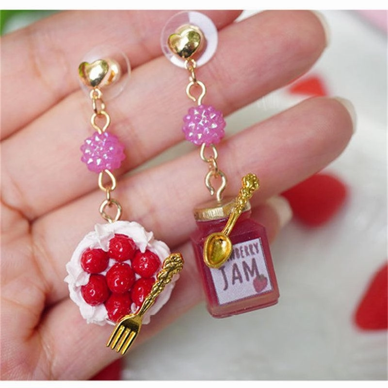 Creative Miniature Food Play Asymmetrical Silver Earrings