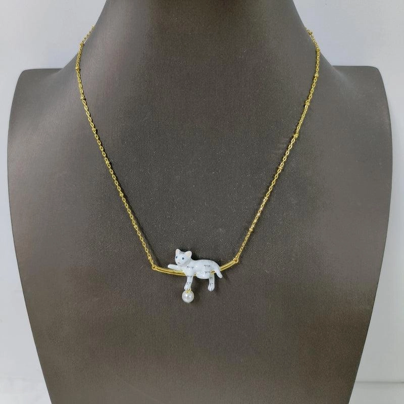 Cute White Kitten Simple Pearl Pendant Necklace For Women