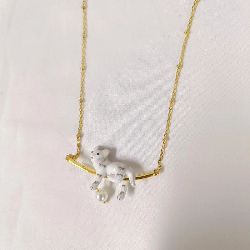 Cute White Kitten Simple Pearl Pendant Necklace For Women