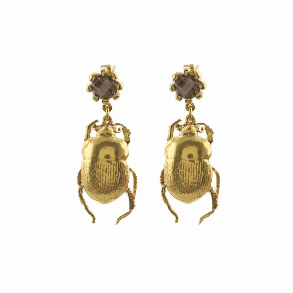 D'or Beetle &amp; Smoky Quartz Drop Earrings