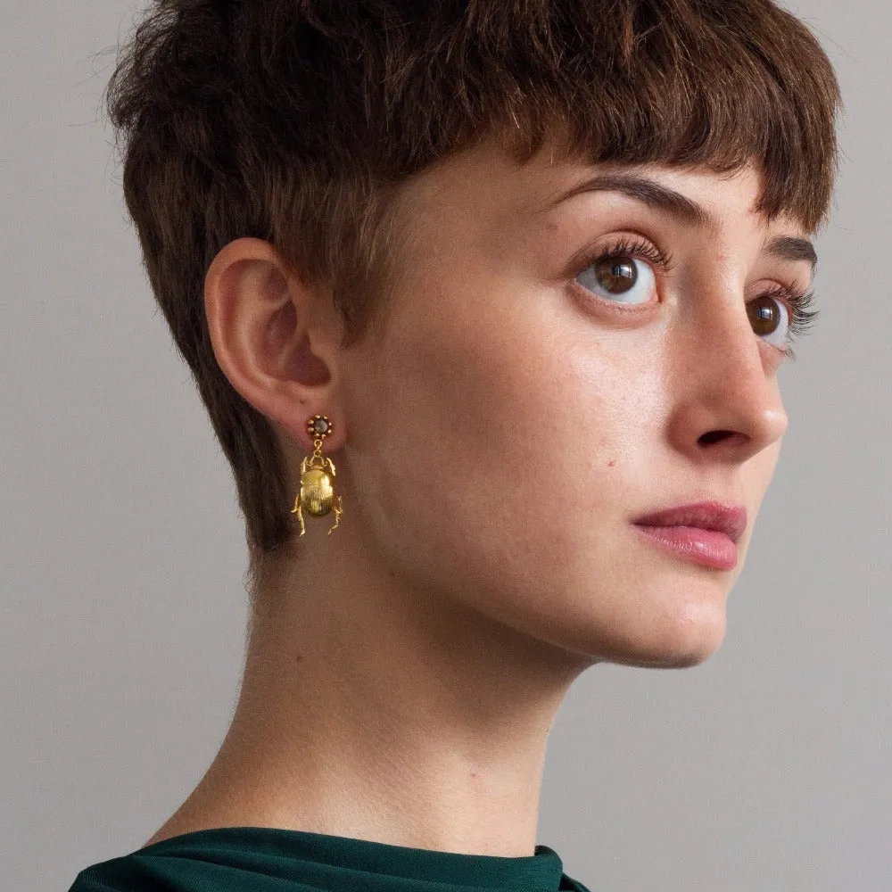 D'or Beetle &amp; Smoky Quartz Drop Earrings