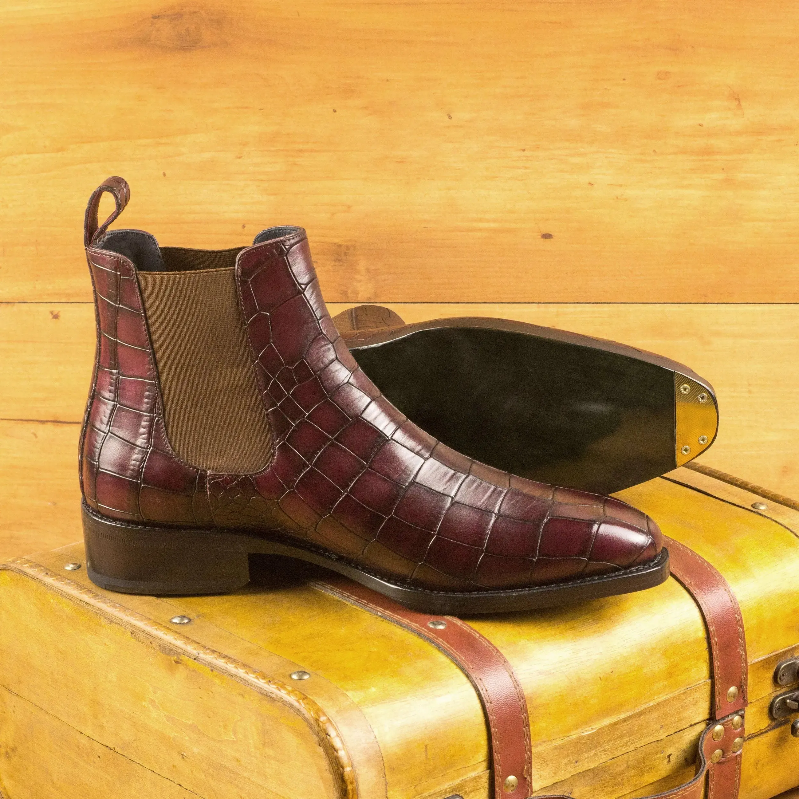 Dapperfam Schuhe DapperFam Monza in Burgunderrot Herren Italienisch Croco Geprägtes Leder Chelsea Stiefel