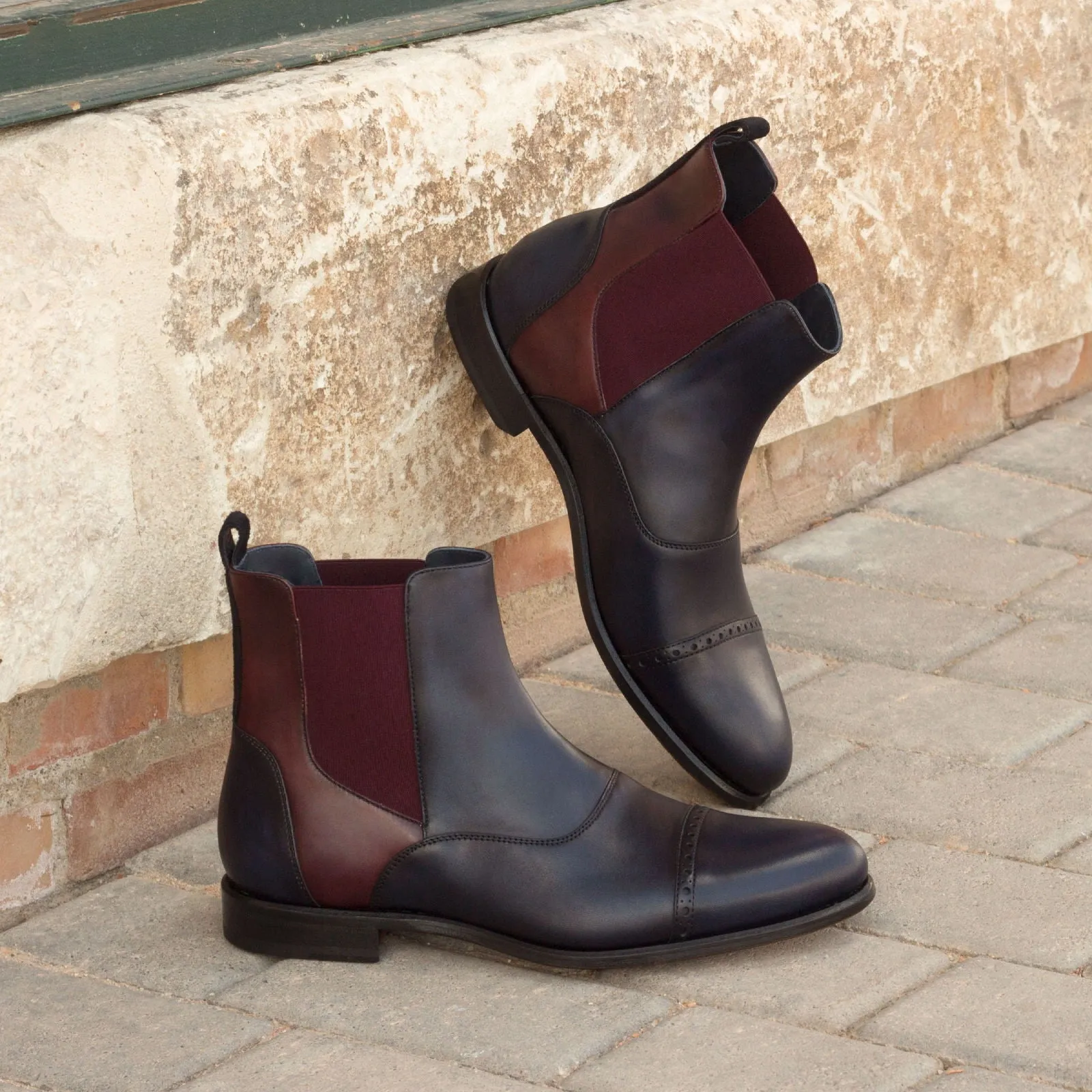 Dapperfam Schuhe DapperFam Vesuvio in Marineblau / Burgunder Herren Luxe Wildleder & Italienisches Leder Chelsea Multi-Stiefel