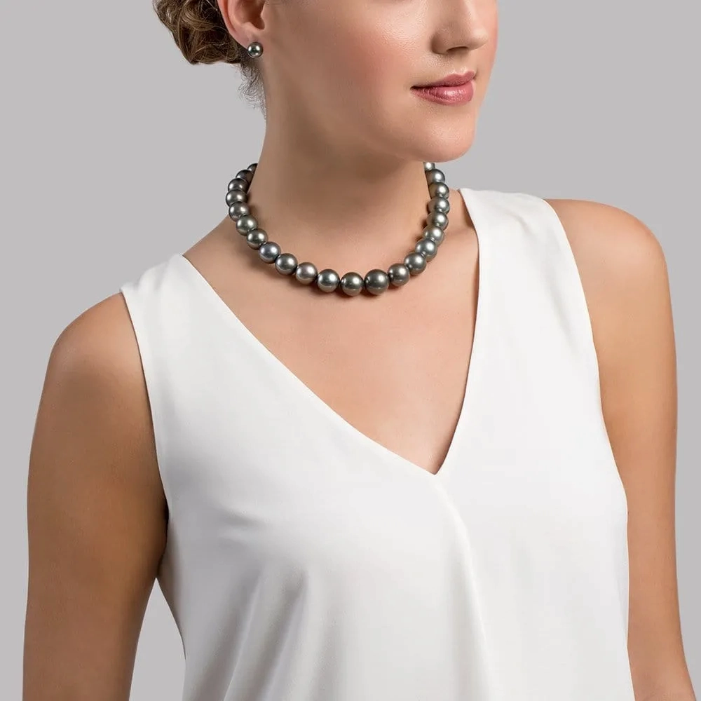 Dark Tahitian True Round Pearl Necklace, 13.0-15.0mm - AAA Quality
