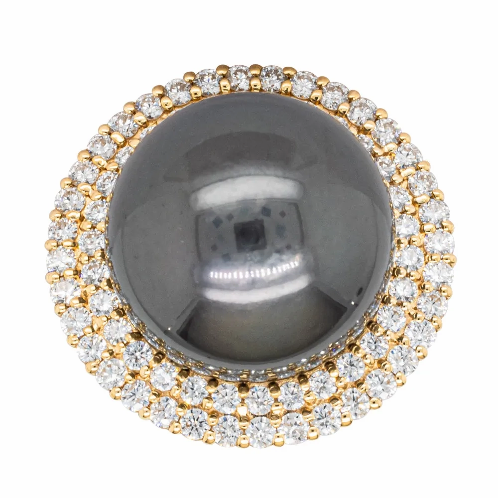 Deja Vu 18ct Yellow Gold 16mm Black Pearl &amp; Diamond Ring