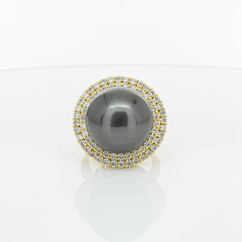 Deja Vu 18ct Yellow Gold 16mm Black Pearl &amp; Diamond Ring