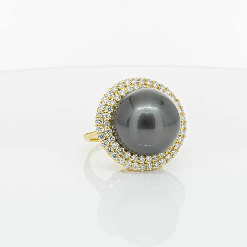 Deja Vu 18ct Yellow Gold 16mm Black Pearl &amp; Diamond Ring