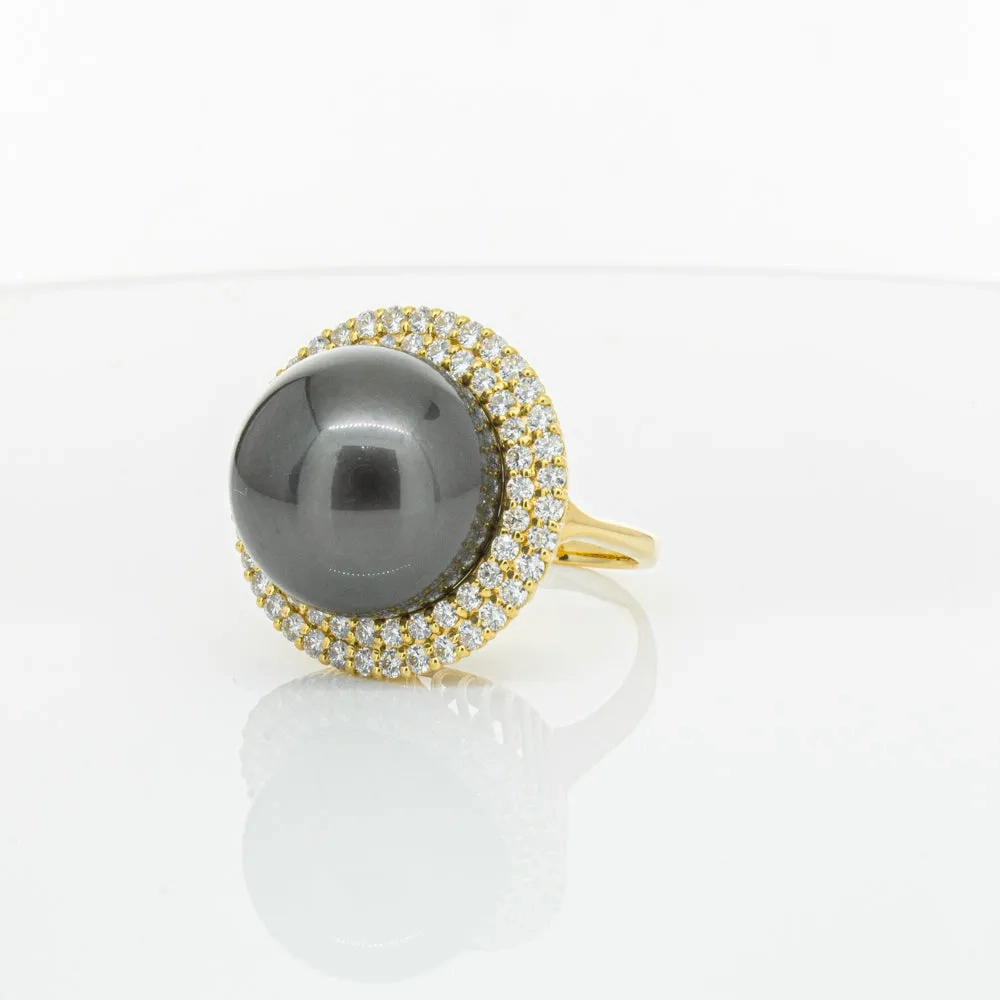 Deja Vu 18ct Yellow Gold 16mm Black Pearl &amp; Diamond Ring