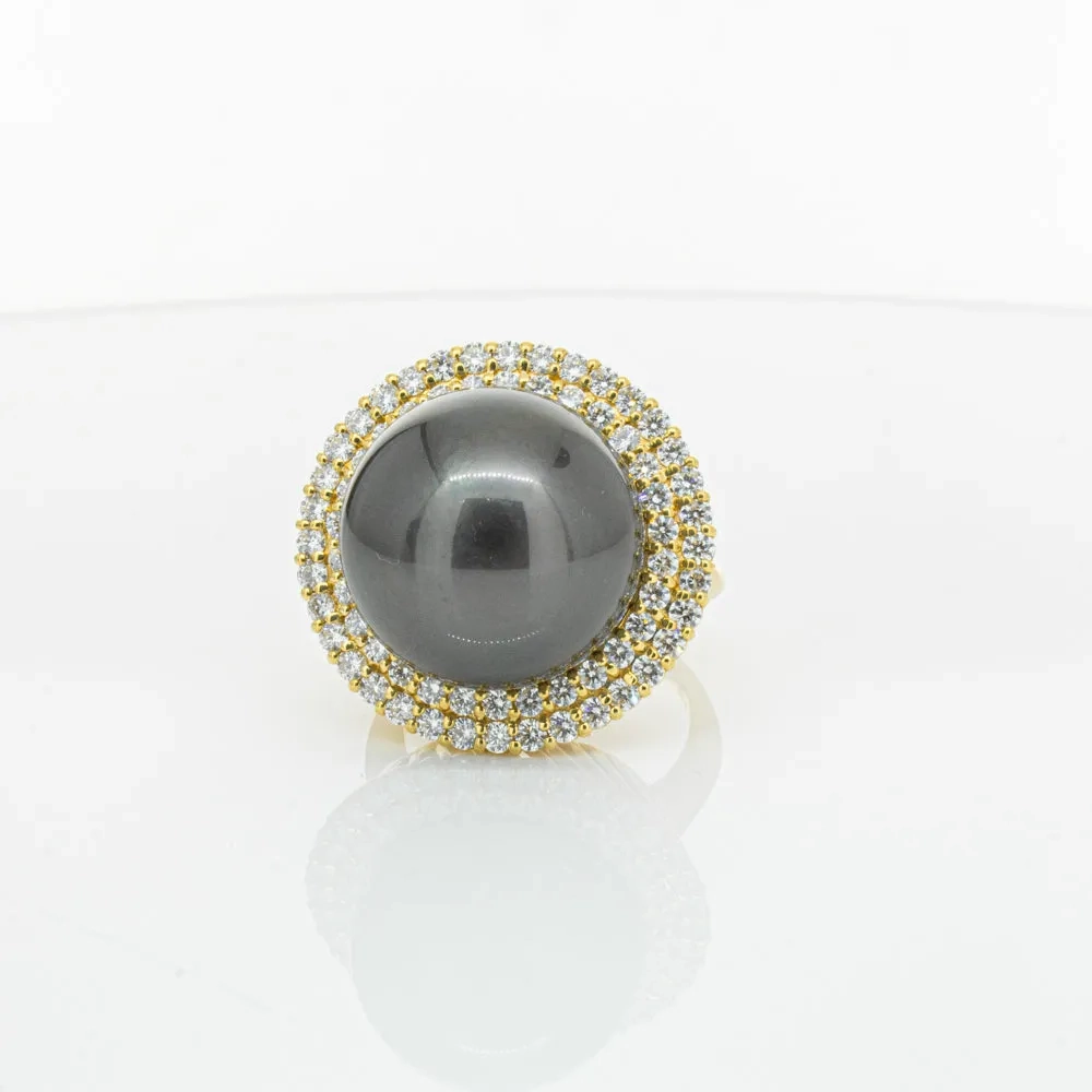 Deja Vu 18ct Yellow Gold 16mm Black Pearl &amp; Diamond Ring