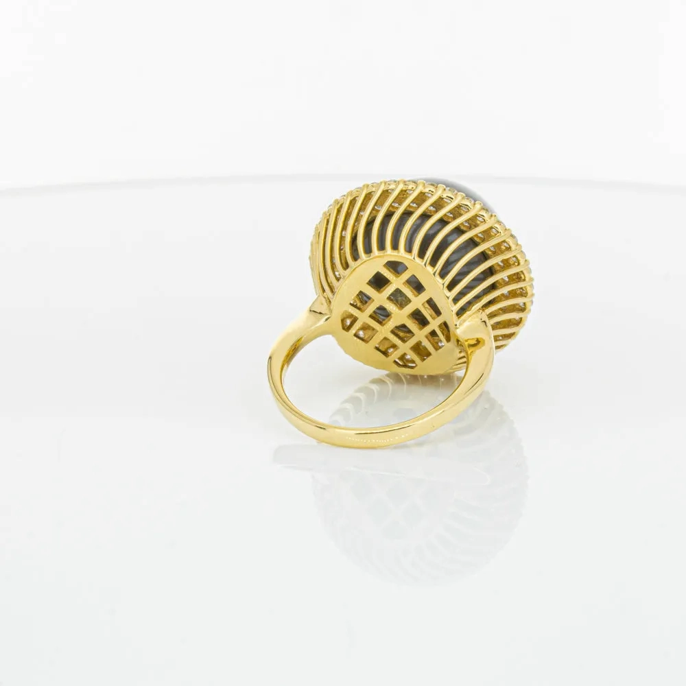 Deja Vu 18ct Yellow Gold 16mm Black Pearl &amp; Diamond Ring