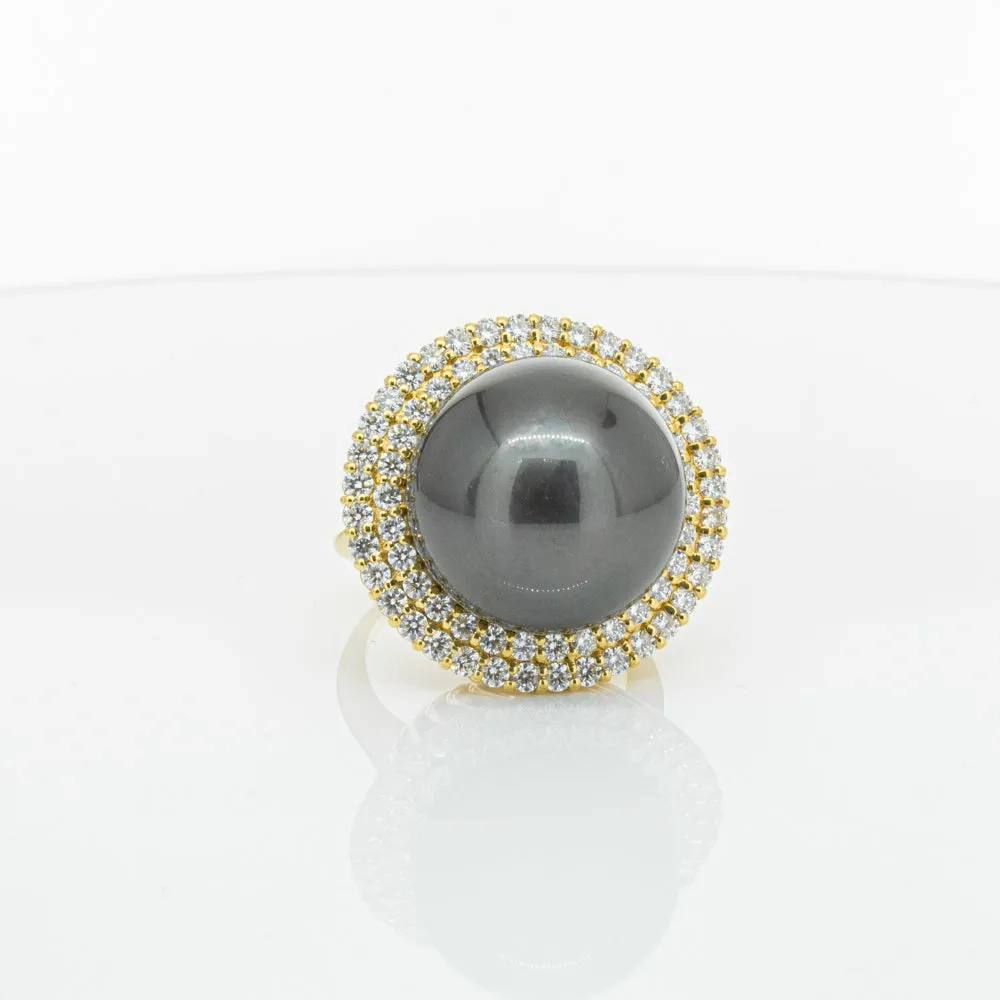 Deja Vu 18ct Yellow Gold 16mm Black Pearl &amp; Diamond Ring