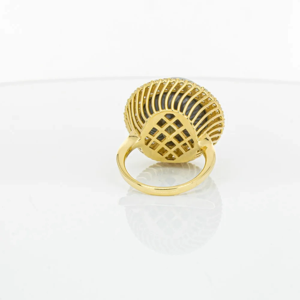 Deja Vu 18ct Yellow Gold 16mm Black Pearl &amp; Diamond Ring