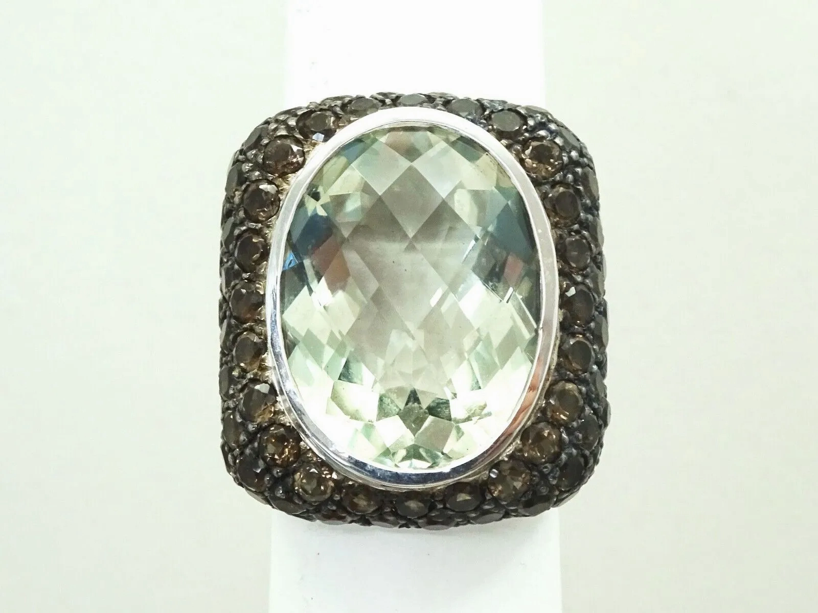 Designer 12ct Oval Prasiolite Smoky Quartz Sterling Silver Cocktail Ring Size 7