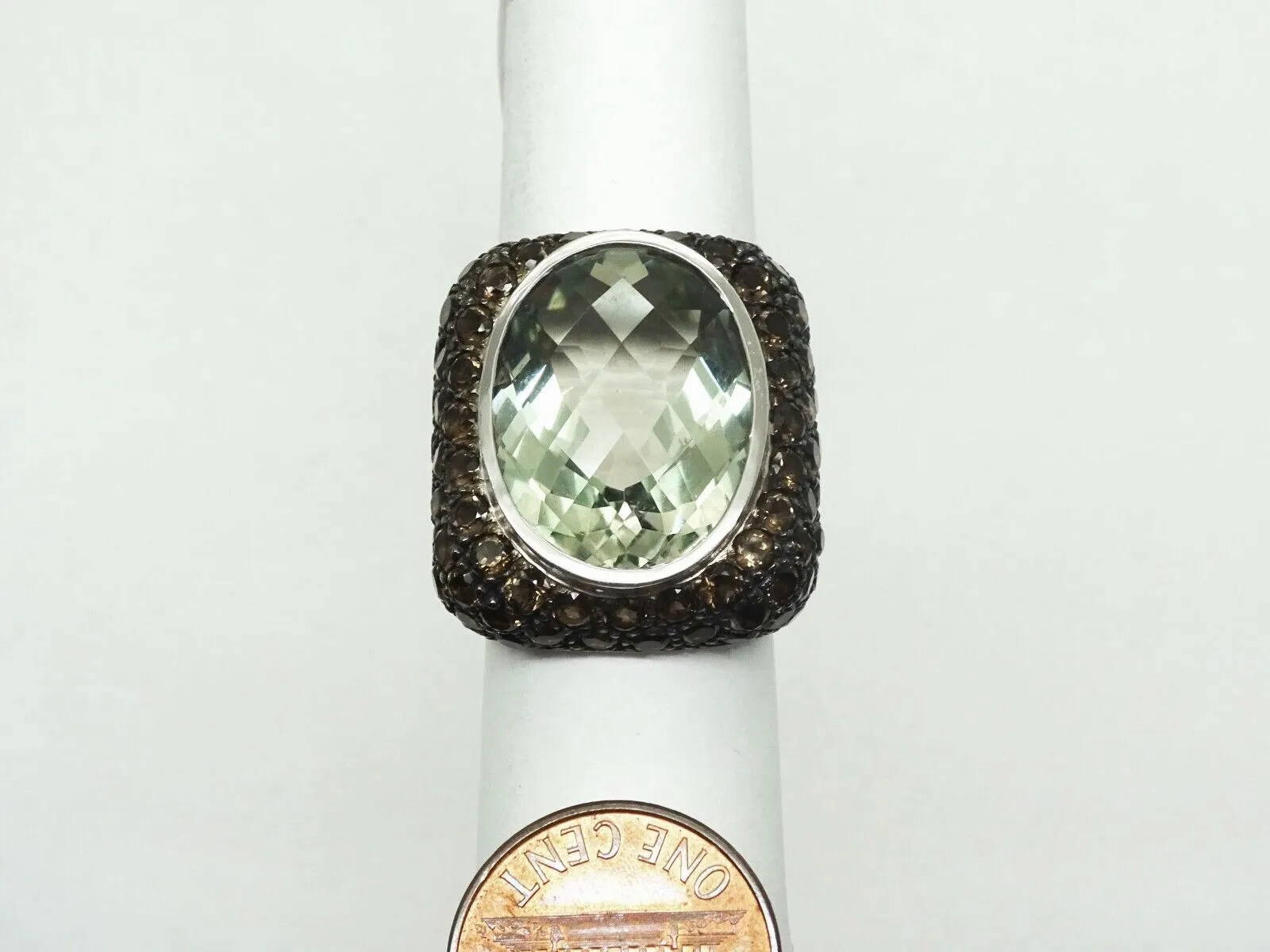 Designer 12ct Oval Prasiolite Smoky Quartz Sterling Silver Cocktail Ring Size 7