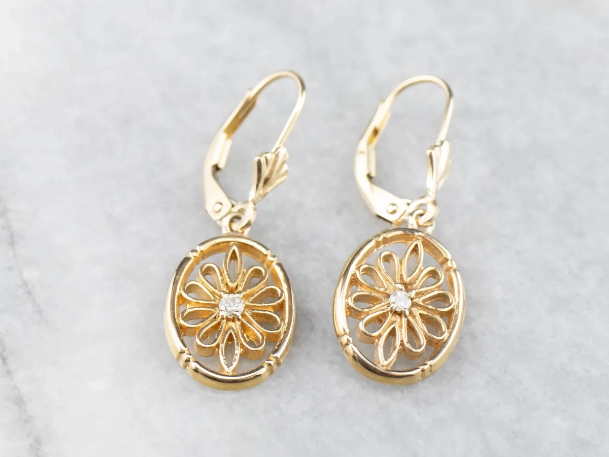 Diamond Gold Filigree Drop Earrings