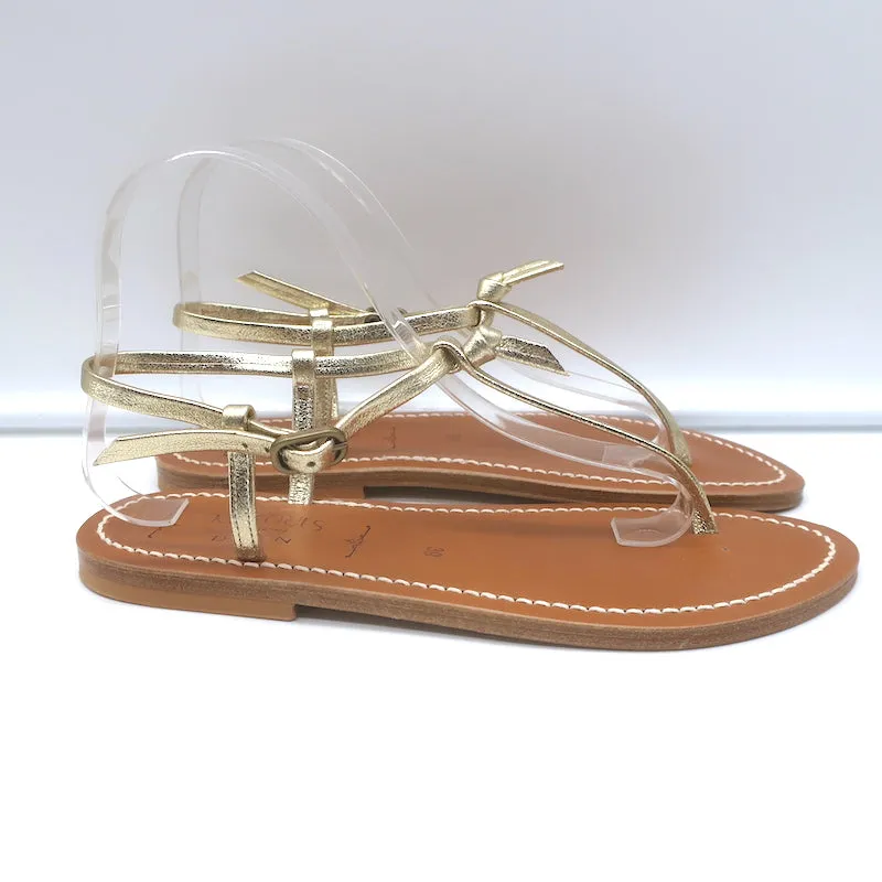 Doen x K.Jacques Cote T-Riemen Flache Sandalen Gold Metallic Leder Größe 39 NEU